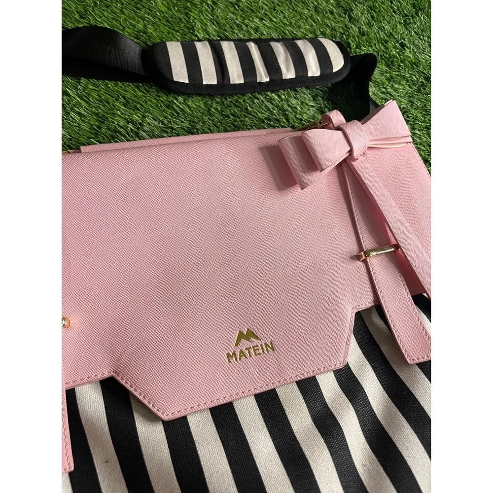 MATEIN Laptop Bag Womens Large Pink Striped Bow Canvas Faux Leather Messenger